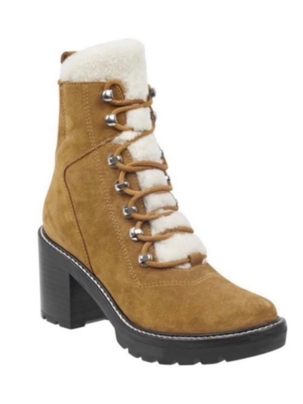 Marc Fisher Tan Suede Shearling-Trim Block Heel Lace-Up Boots